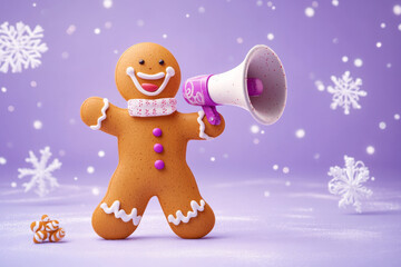 A charming gingerbread man with a megaphone, standing on a soft purple background with swirling snowflakes, creating a festive holiday announcement in 3D.