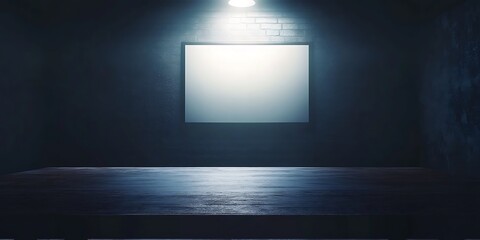Dark room with illuminated blank canvas and wooden surface.