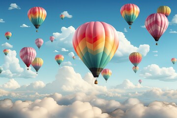 Fototapeta premium A flight of a large number of hot air balloons aerostats over the mountains, illustration of hot air balloons.