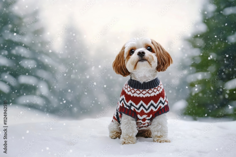 Aufkleber a small dog sits proudly in a cozy sweater among fresh snowflakes in a serene winter setting with tr