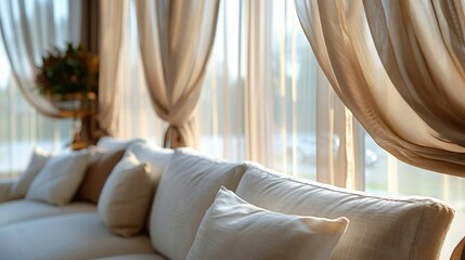 Soft morning light filters through sheer curtains illuminating a cozy living room filled with comfort. Generative AI