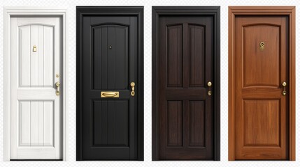 Naklejka premium Wooden doors set isolated on transparent background. Vector realistic illustration of modern doorway with black, brown, white wood texture, golden and silver metal doorknob, interior design element