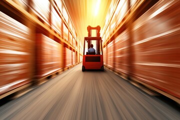 Fototapeta premium A motion-blurred forklift moves swiftly through a warehouse, flanked by wooden pallets, evoking a sense of speed and efficiency in logistics.