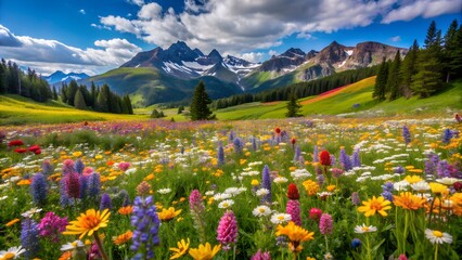 Obraz premium Colorful wildflowers bloom in a vibrant mountain meadow