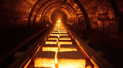 Brick kiln line: formed clay bricks entering a long tunnel kiln on conveyors, glowing interior heat...