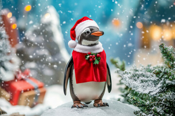 Fototapeta premium A holiday-themed picture of a penguin dressed in Santa attire, standing on ice with colorful holiday decorations, ideal for festive promotions and cards.