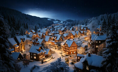 Mountains and city view on snowy winter evening