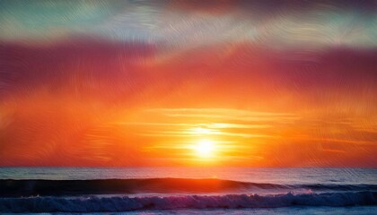 Obraz premium Fiery Sunset Over the Ocean: A breathtaking panorama of a vibrant sunset casting a fiery glow over the vast ocean, with a gentle wave breaking in the foreground.