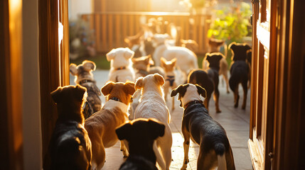 Obraz premium Dogs greeting their owner at the door after a long day.