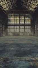 Dusty, empty industrial warehouse interior with large windows and high ceiling.