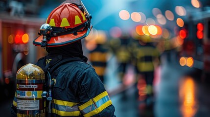 Naklejka premium Firefighter battling blaze during emergency response in urban area on a rainy day