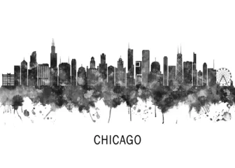 Chicago Illinois Skyline BW, travel art illustration urban modern downtown landmarks skyscrapers artwork abstract architecture digital office home decor