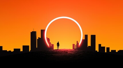 A desolate, post apocalyptic cityscape with a single, flickering neon portal standing as a beacon of hope. A lone survivor approaches the portal, silhouetted against the orange tinted sky.