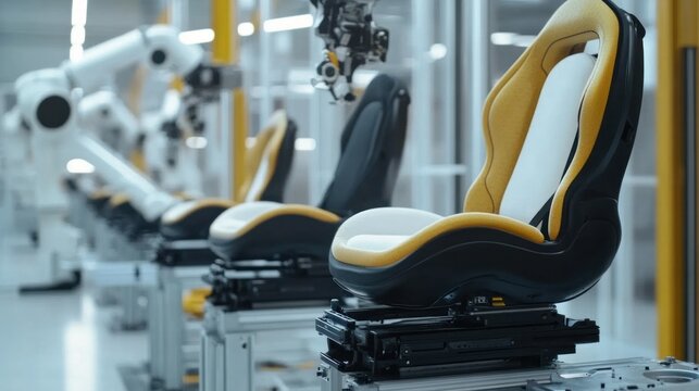Car seat assembly line, foam cushions inserted into frames, ergonomic shapes tested by a robotic arm