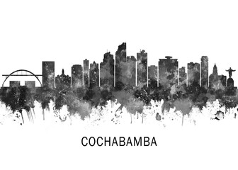 Fototapeta premium Cochabamba Bolivia Skyline BW, travel art illustration urban modern downtown landmarks skyscrapers artwork abstract architecture digital office home decor