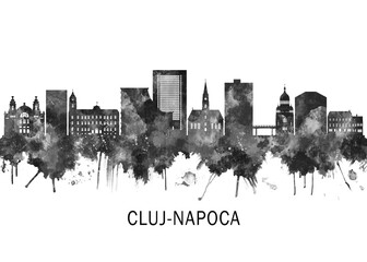 Fototapeta premium Cluj-Napoca Romania Skyline BW, travel art illustration urban modern downtown landmarks skyscrapers artwork abstract architecture digital office home decor
