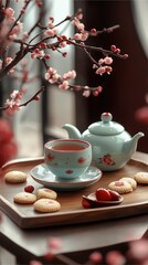 Fototapeta premium A tranquil tea set in soft pastel colors, placed on a wooden tray with fortune cookies and red accents, symbolizing Chinese New Year traditions 