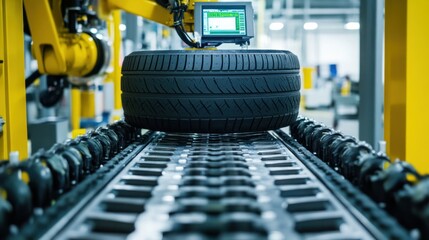 Car tire assembly line with robotic arms fitting treads, rollers guiding each tire into alignment, a quality gauge reading in digital format