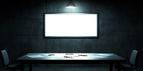 Empty interrogation room with blank whiteboard, table, and chairs.