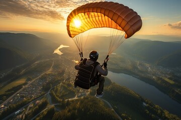A man is parachuting over a city with a large river at sunrise.
