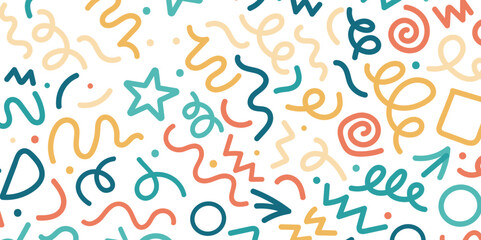 Colorful memphis doodle pattern background with a teal background, featuring vibrant abstract doodle shapes and patterns.