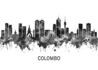 Fototapeta premium Colombo Sri Lanka Skyline BW, travel art illustration urban modern downtown landmarks skyscrapers artwork abstract architecture digital office home decor