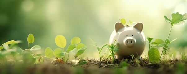 Piggy bank surrounded by young plants in a sunlit garden symbolizes saving and growth in personal finance
