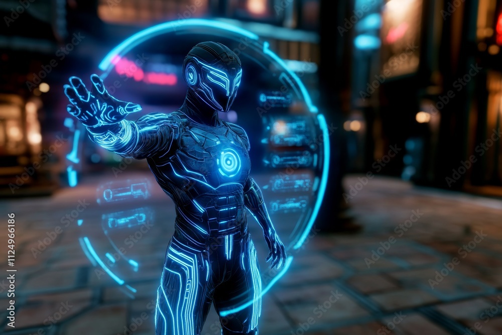Poster a 3d-rendered holographic interface with glowing menus and futuristic animations, set in a sleek, te
