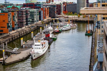 boats on the canal of the Elbe River, Hamburg, Germany, view of Hamburg