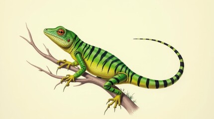 Fototapeta premium Bright Green Lizard with Black Stripes
