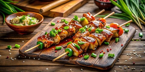 Captivating Yakitori Skewers Grilled to Perfection with Colorful Garnishes and a Beautiful Background, Ideal for Showcasing Traditional Japanese Cuisine and Culinary Delights