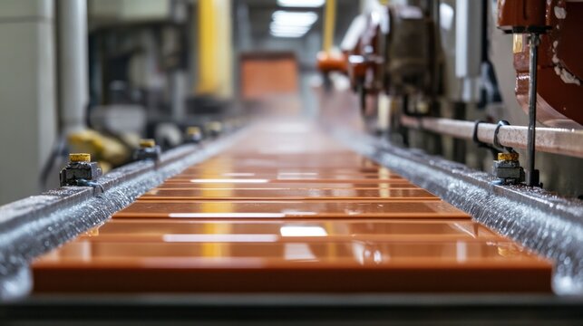 Ceramic tile glazing line, conveyor carrying tiles under spraying nozzles, glossy finished tiles emerging at the end