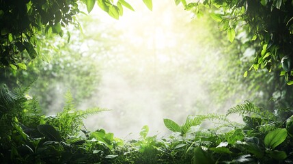 Fototapeta premium Tropical forest floor with ferns and lush green foliage illuminated by sunlight