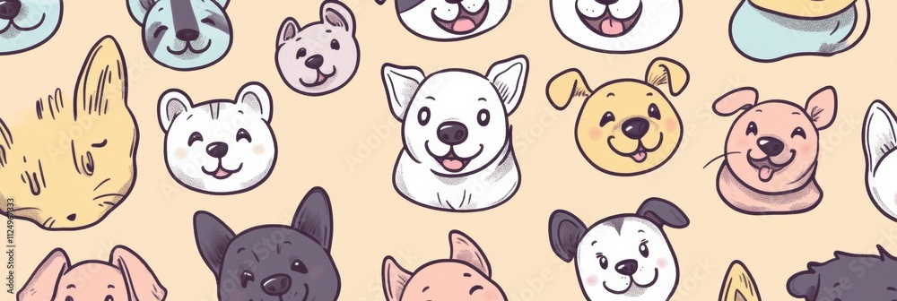 Fototapete cute doodle-style illustration features a variety of playful dog faces with ample copy space for add