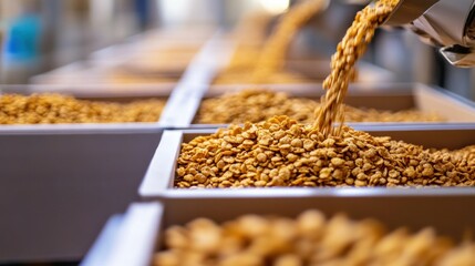 Cereal packaging line, crunchy flakes pouring into boxes, sealed instantly, date codes inked on packaging