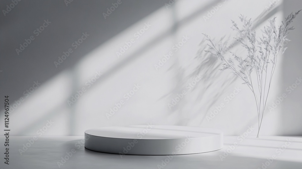 Poster white round podium displaying products with decorative dried plants and window shadow