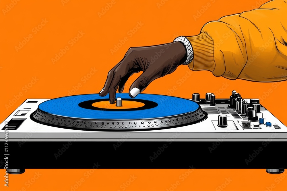 Aufkleber a clean illustration of a dj hand scratching a record on a turntable, drawn with simple, bold lines 