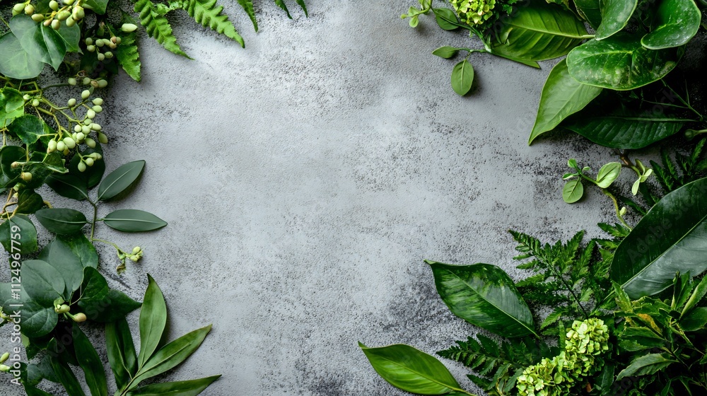 Poster Green foliage bordering a textured gray background creating a natural frame