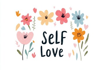 Self Love Inspirational Floral Illustration with Colorful Flowers and Hearts