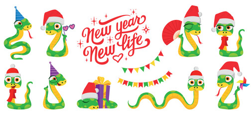 Cute snakes set. Chinese 2025 New Year symbol. Chinese horoscope zodiac sign. Snake characters in different pose, in Santa hat, with gift box. Cartoon vector illustration isolated on white background