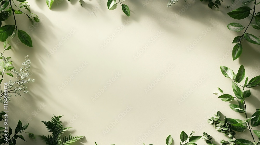 Poster green leaves and branches creating a natural frame on a pastel background