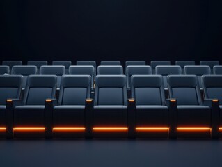 Fototapeta premium A row of modern, sleek theater chairs with illuminated bases, set against a dark background, creating an inviting ambiance for moviegoers.