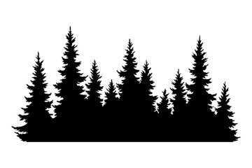 Fir trees silhouette. Coniferous spruce horizontal background pattern, black evergreen woods vector illustration. Beautiful hand drawn panorama of coniferous forest