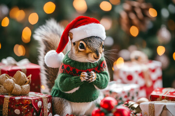 Obraz premium A playful squirrel in a green sweater and Santa hat, surrounded by vibrant holiday gifts, glittering decorations, and a cozy festive backdrop.