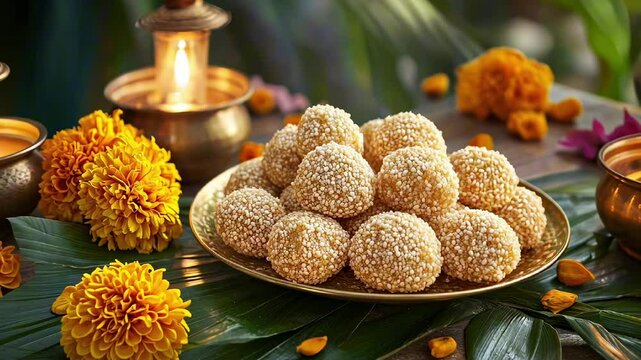 Indian sesame and jaggery sweets tilgul on a brass plate, surrounded by marigold flowers and oil lamps diyas. Makar Sankranti, golden lighting, festive charm