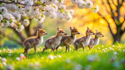 Four baby deer in a spring meadow with white flowers