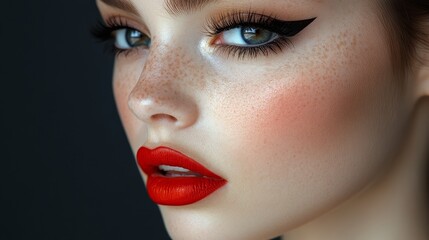 Stunning close-up of a woman with striking makeup and red lips