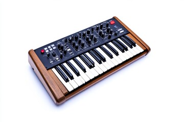 A compact synthesizer featuring a digital control panel and full keyboard, isolated on white, highlighting its functionality as an electronic musical instrument