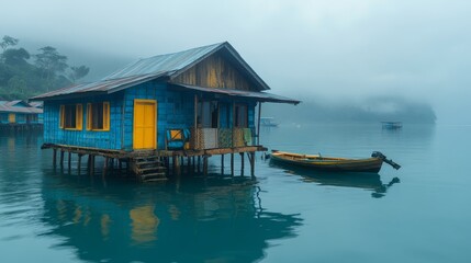 Tranquil lakeside house with wooden boat in foggy surroundings