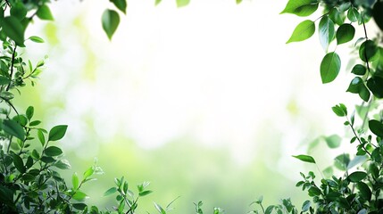 Green leaves framing bright background creating copy space with natural sunlight